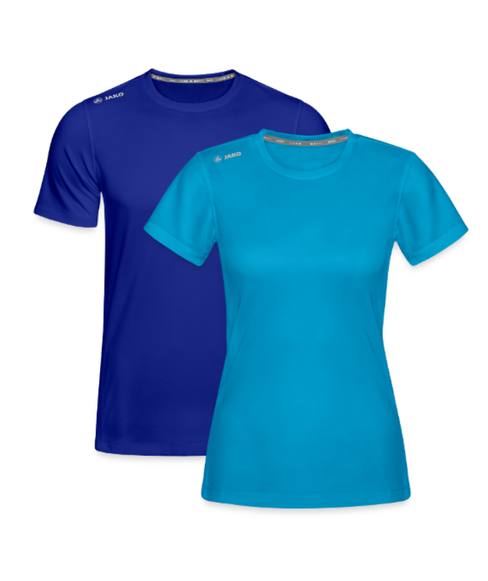 Zwei Funktions-T-Shirts für den Sport in Dunkel- und Hellblau für Frauen und Männer.