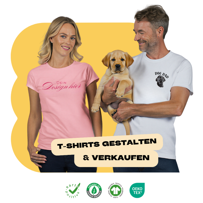 Frau mit rosa Shirt mit der Aufschrift Dein Design hier und neben ihr steht ein Mann der einen Labradorwelpen hält. Er trägt ein weißes T-Shirt mit einem Hundeprint.