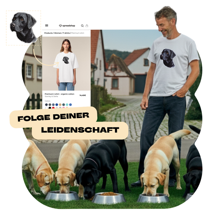 Mann sieht seinen Labradoren beim fressen zu. Er trägt ein T-Shirt mit Labrador Design. Man sieht in einer Grafik, wie einfach er einen Onlineshop mit diesen Motiven erstellt hat.