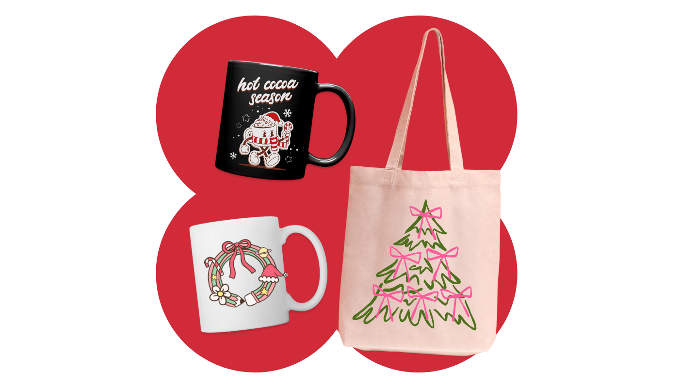 customizable tote bag and coffee mugs