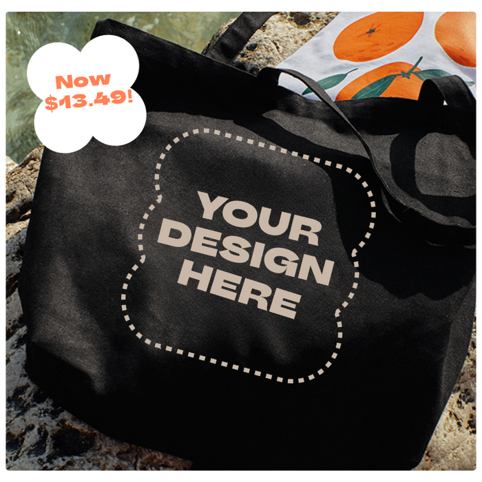 eco friendly tote bag with your design here mockup on it to illustrate low select product price