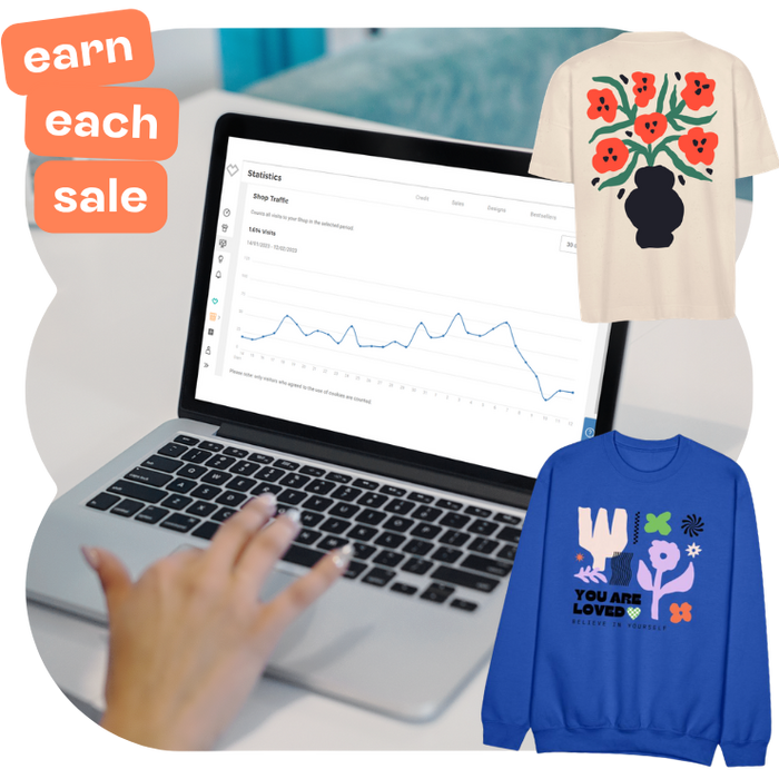 mockup of earnings tab in backend of spreadshop with earn each sale text to illustrate print on demand earnings