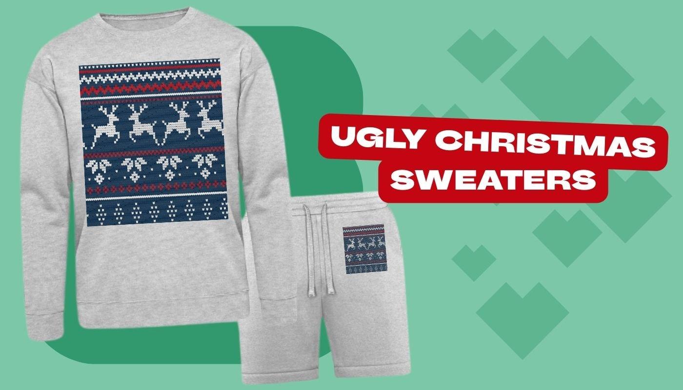 Ugly Christmas sweater motif printed on matching sweatshirt and jogger short set