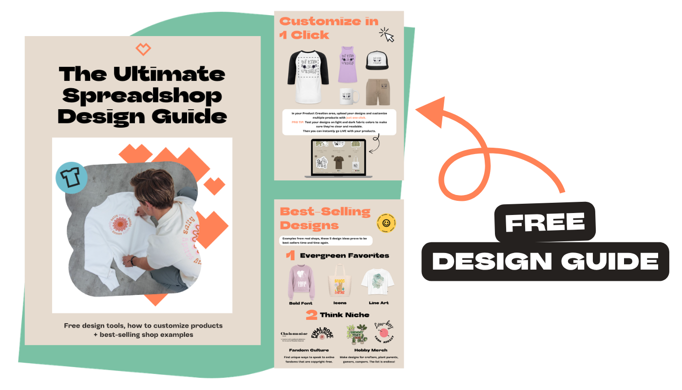 mockup of spreadshop design guide with examples of pages found in the pdf