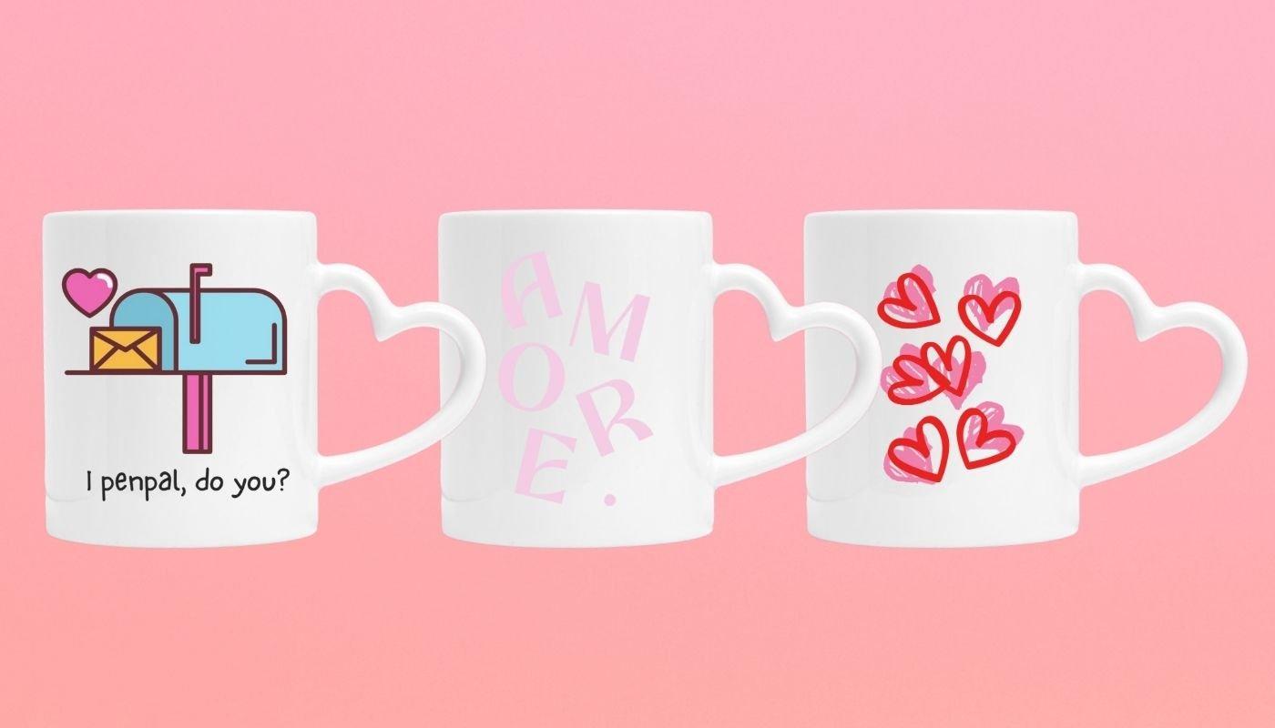 Valentine’s Day custom design ideas displayed on heart-shaped handle mugs