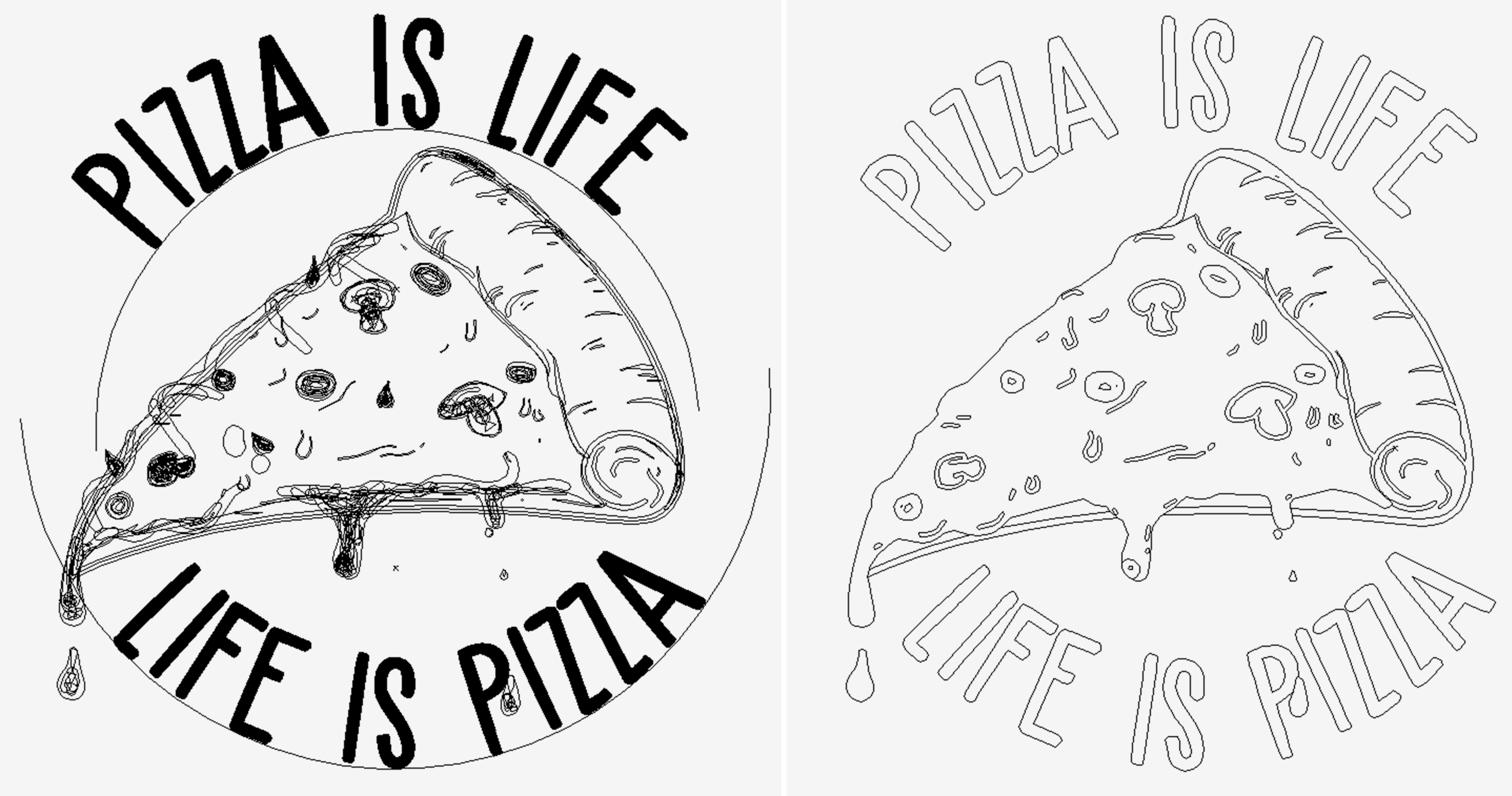 Beispielgrafik eines Vektordesigns bei dem Typografie noch nicht in Pfade umgewandelt wurde und dem gleichen Design mit umgewandelten Pfaden.