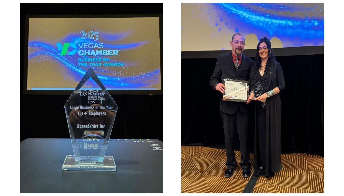 Spreadgroup’s 2025 Vegas Chamber Business of the Year award displayed alongside two team members holding certificates
