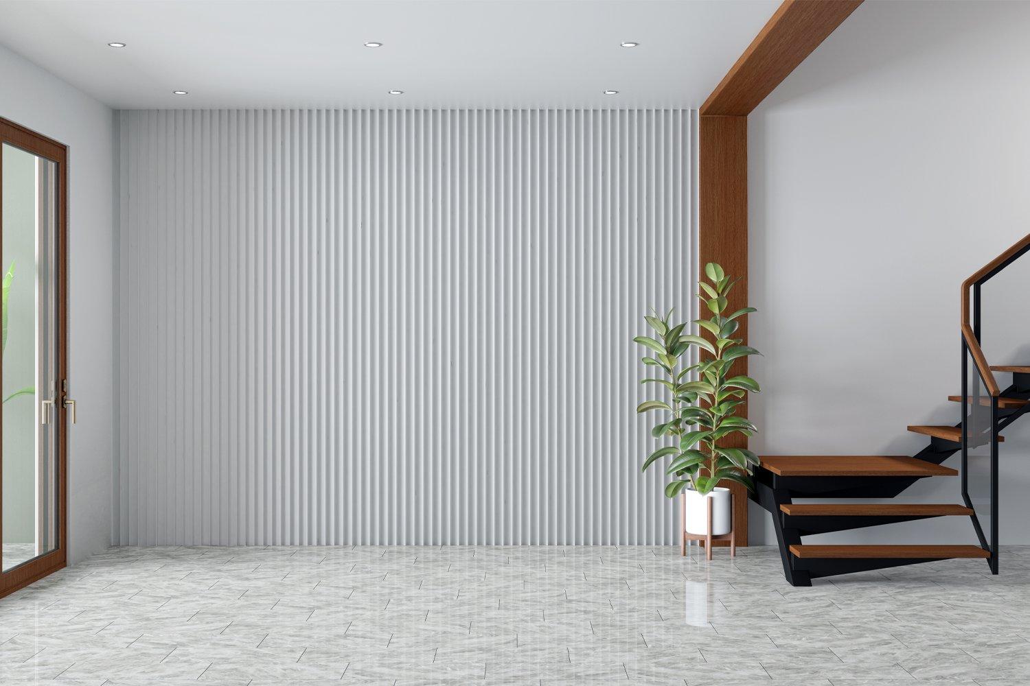 Minimalist interior with white vertical slat wall and floating wood staircase