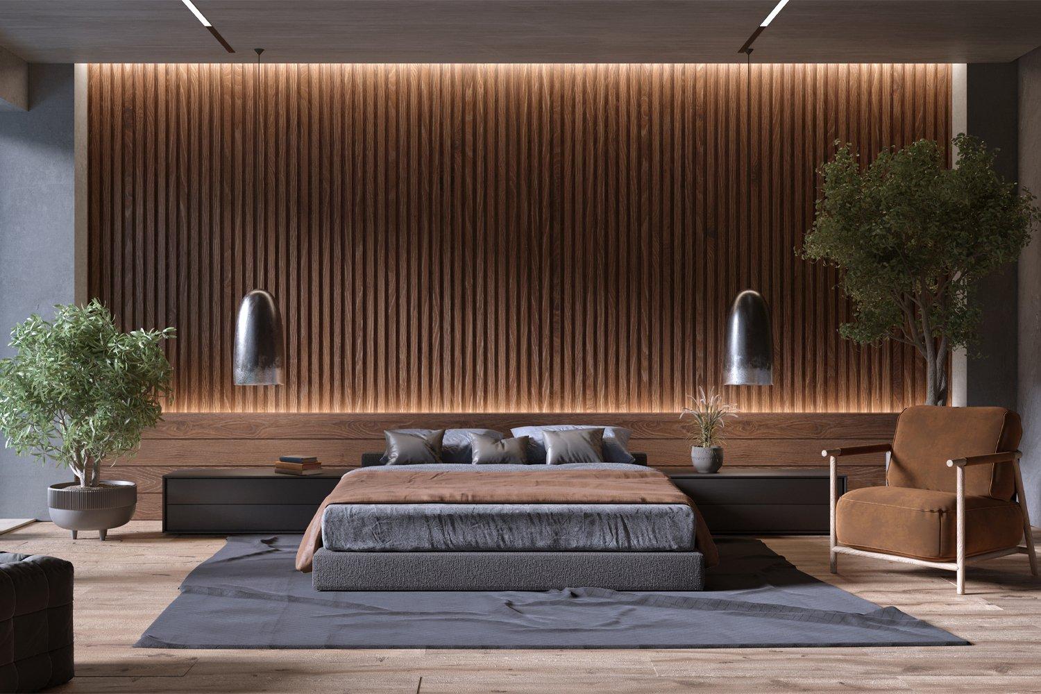 Modern bedroom with illuminated wood wall panel and wood floors