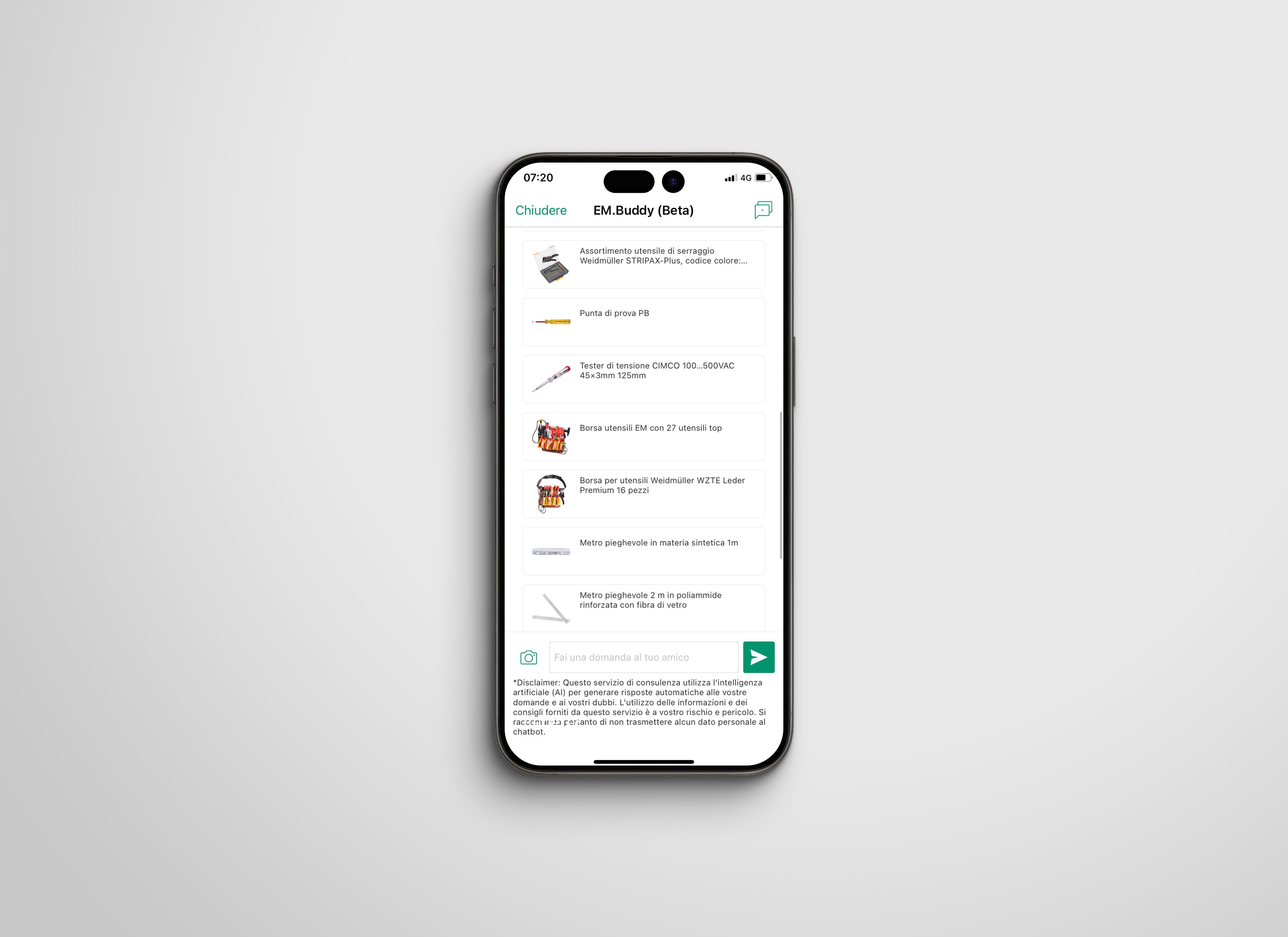 7. Les résultats du produit sont affichés 8. Sélection optionnelle de questions de suivi : a. Alternatives de produits b. Afficher les accessoires c. Mode d'emploi 9. Les produits alternatifs sont affichés 10. En option : poser d'autres questions sur  le produit