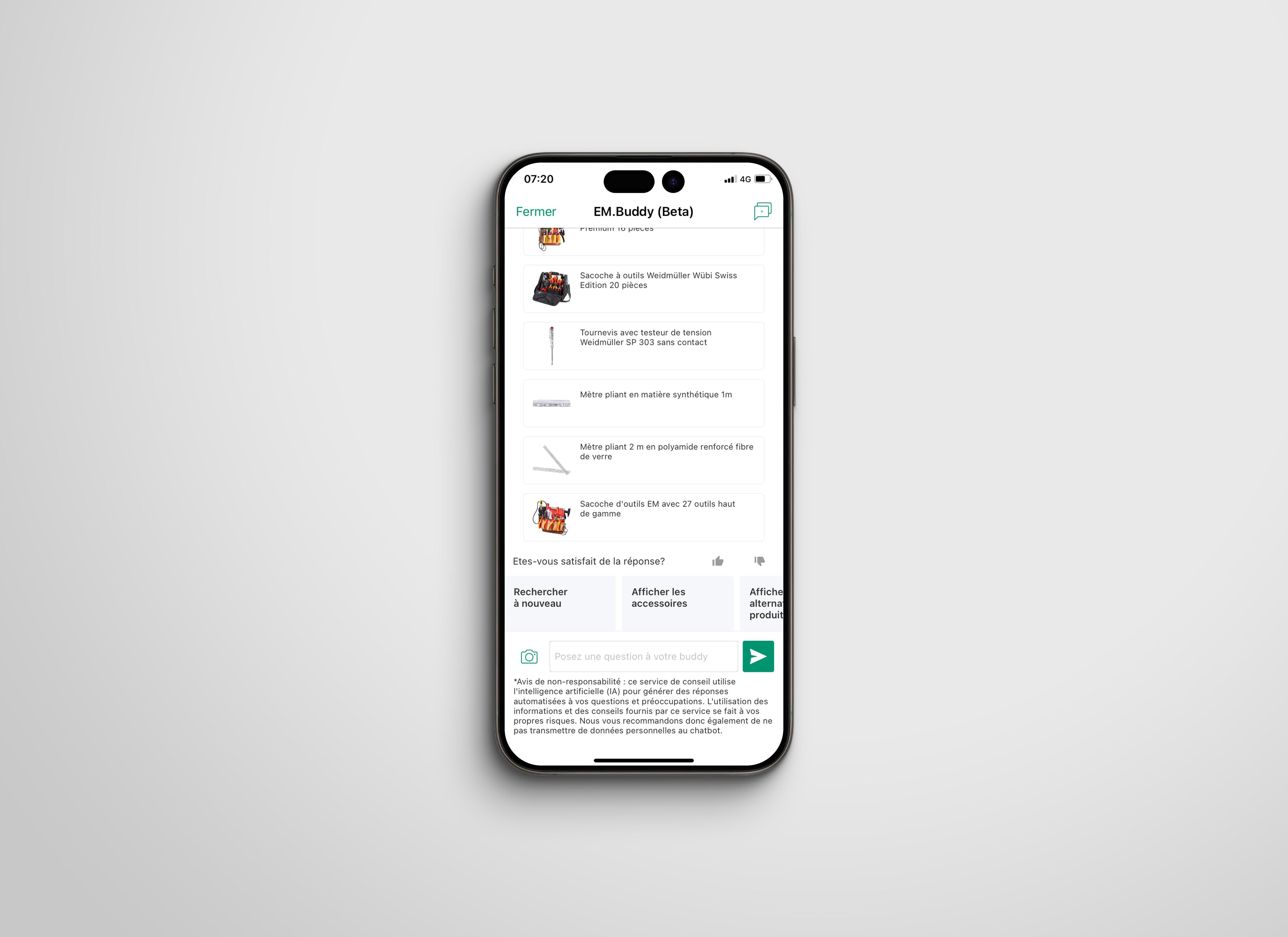 7. Vengono visualizzati i risultati del prodotto 8. Selezione facoltativa di domande di approfondimento: a. Alternative di prodotto b. Mostra gli accessori c. Istruzioni per l'uso 9. Vengono visualizzati i prodotti alternativi 10. Opzionale: porre ulteriori domande sul prodotto