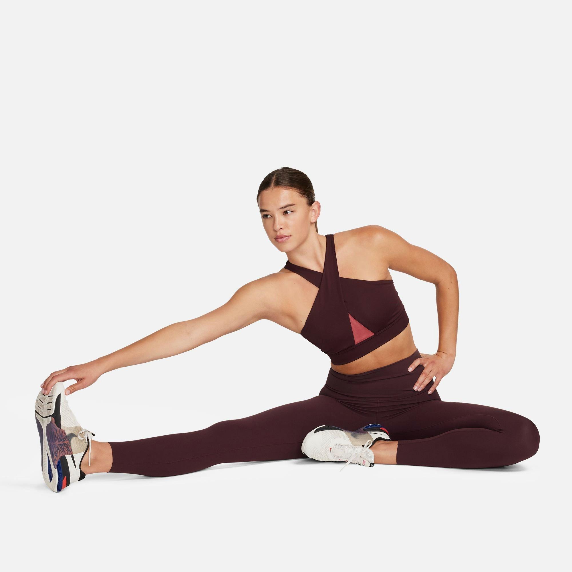 Nike Yoga Dri-FIT Indy metallic tape bra in burgundy-Red, DD1407-638