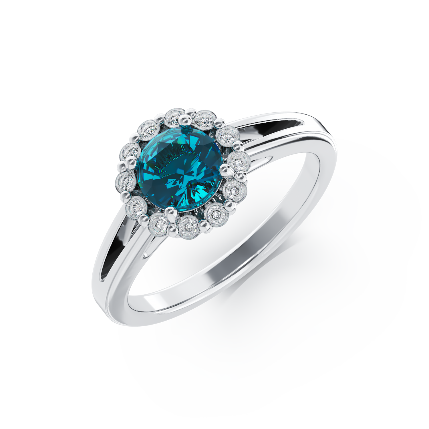 Inel de logodna din aur alb de 18K cu diamant albastru de 0.4ct si diamante de 0.18ct 0.18ct