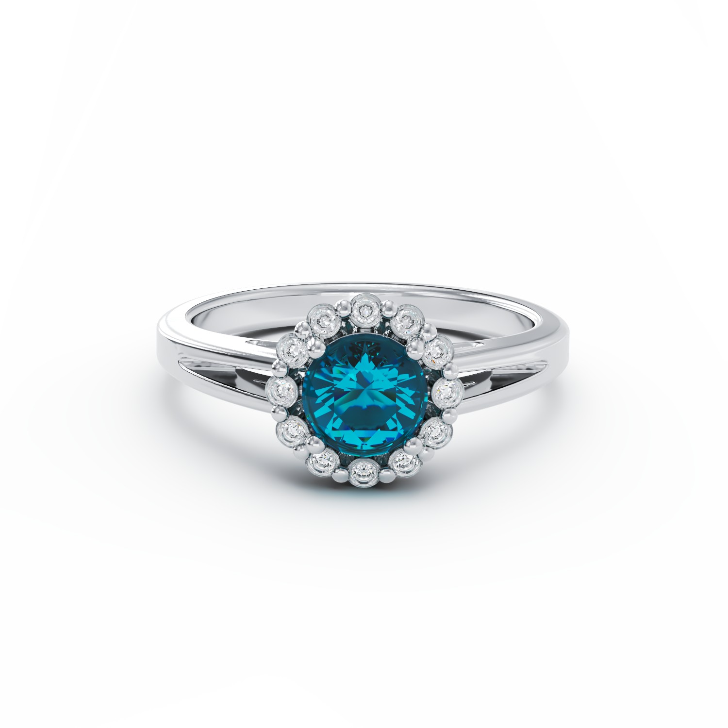Inel de logodna din aur alb de 18K cu diamant albastru de 0.4ct si diamante de 0.18ct