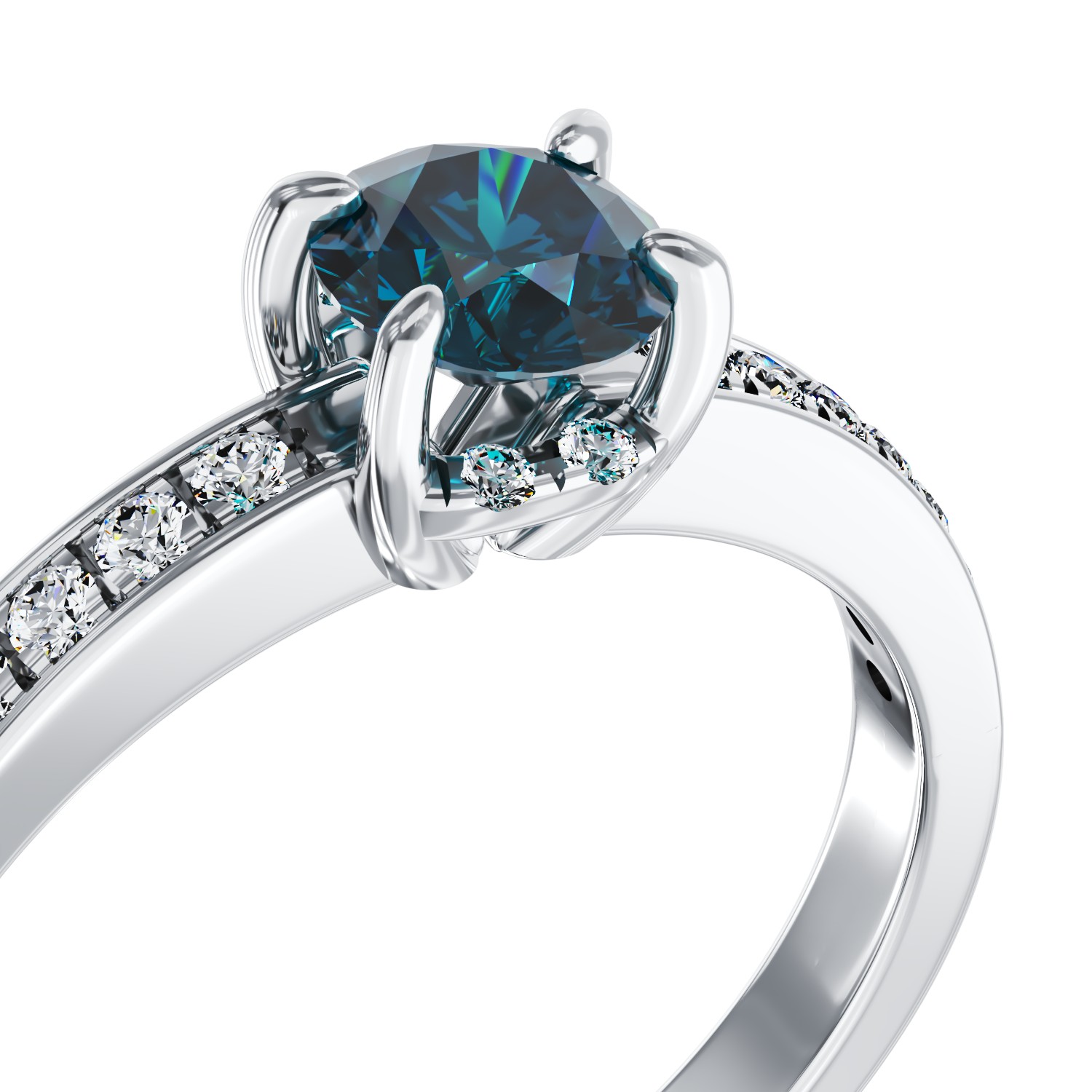 Inel de logodna din aur alb de 18K cu diamant albastru de 0.44ct si diamante de 0.2ct