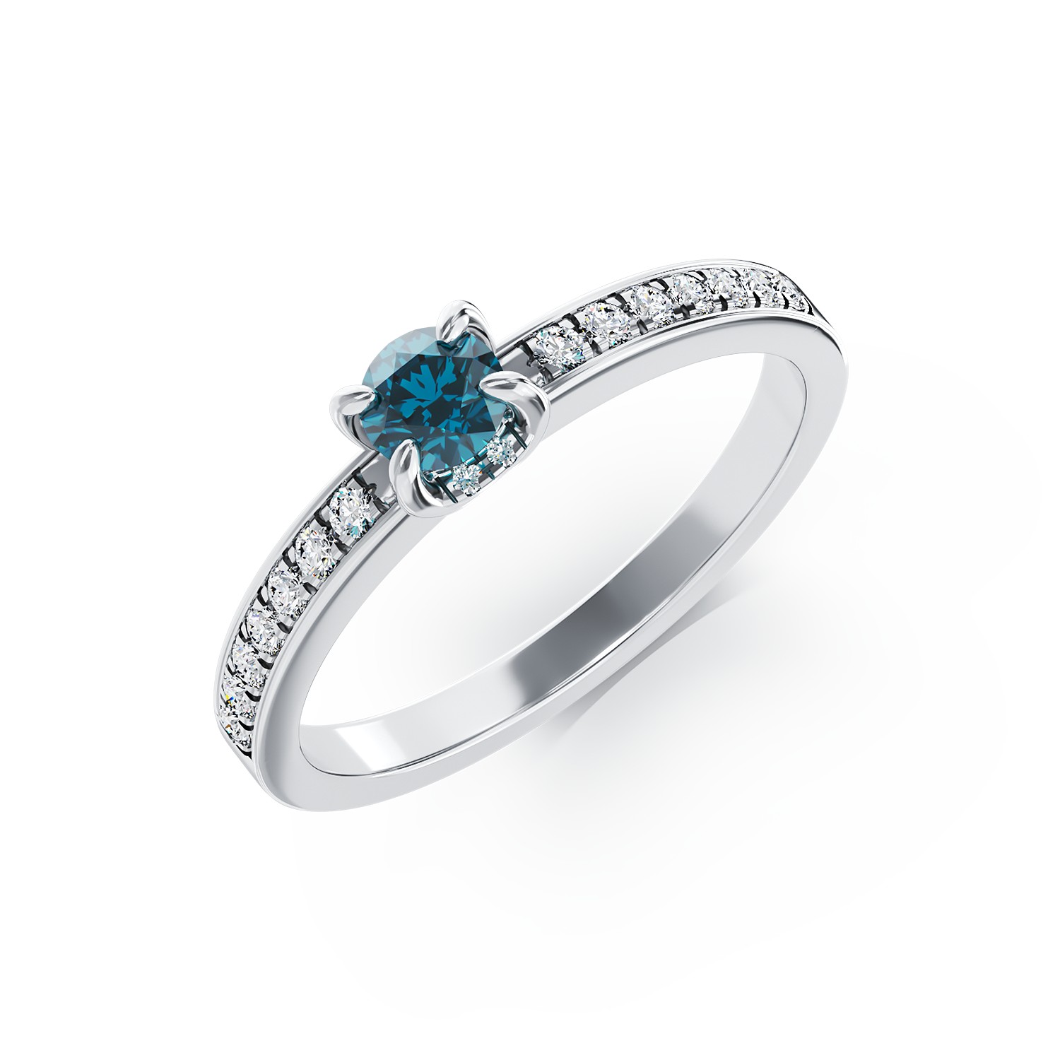 Inel de logodna din aur alb de 18K cu diamant albastru de 0.22ct si diamante de 0.13ct