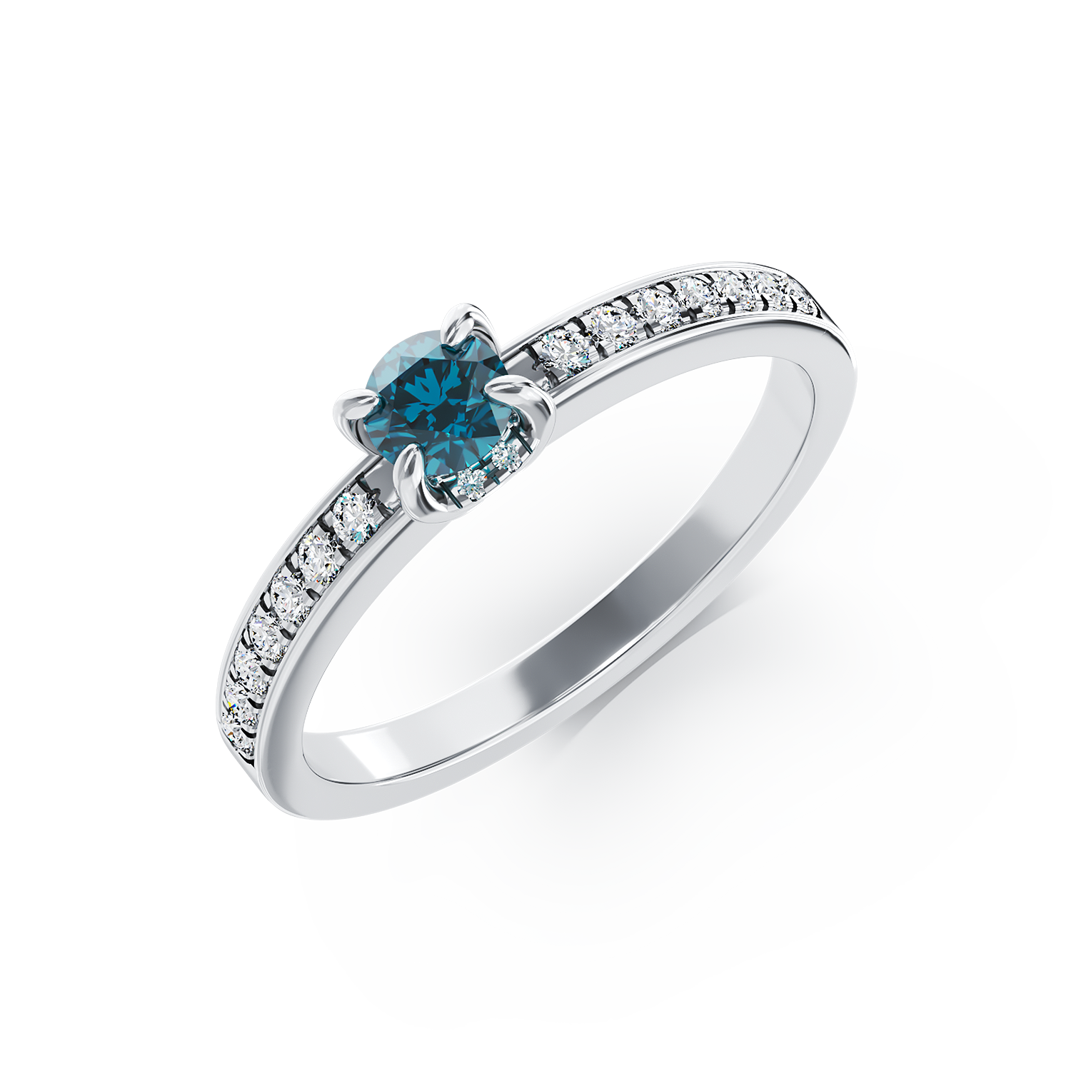 18k fehér arany eljegyzési gyűrű, kék gyémánt 0,22ct és gyémánt 0,13cc