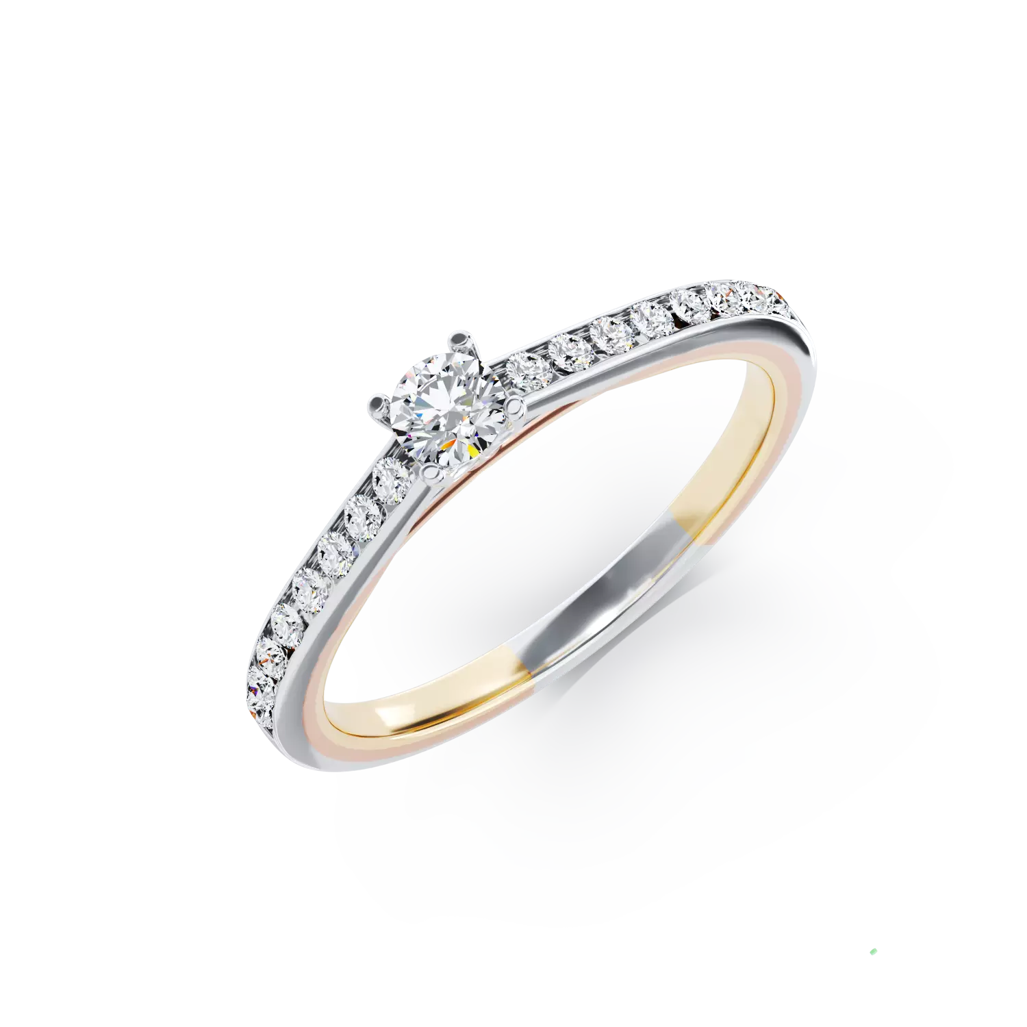 Inel de logodna din aur alb-galben de 18K cu diamant de 0.15ct si diamante de 0.16ct