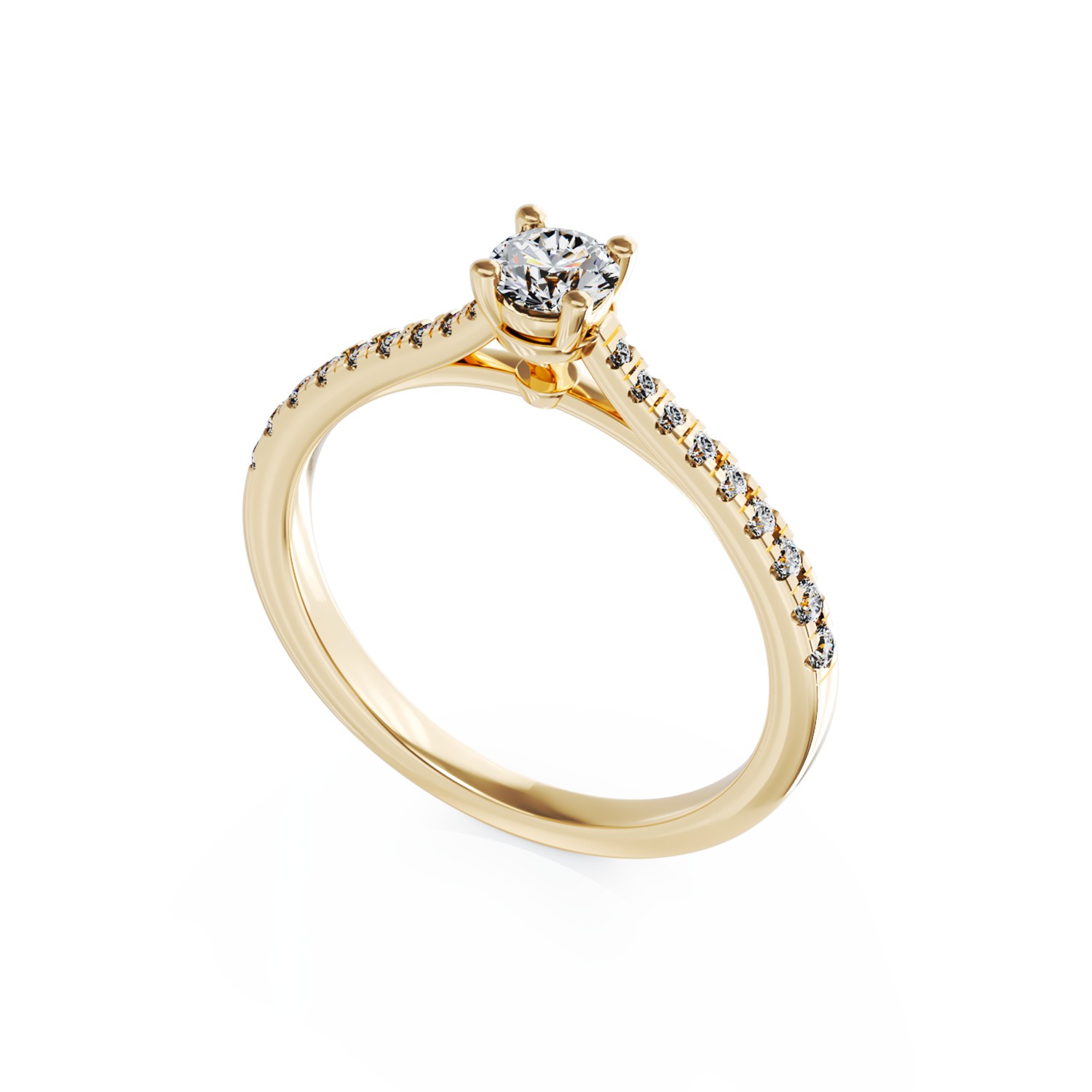 Eljegyzési gyűrű 18K-os sárga aranyból 0,24ct gyémánttal és 0,18ct gyémántokkal. Gramm: 2,44