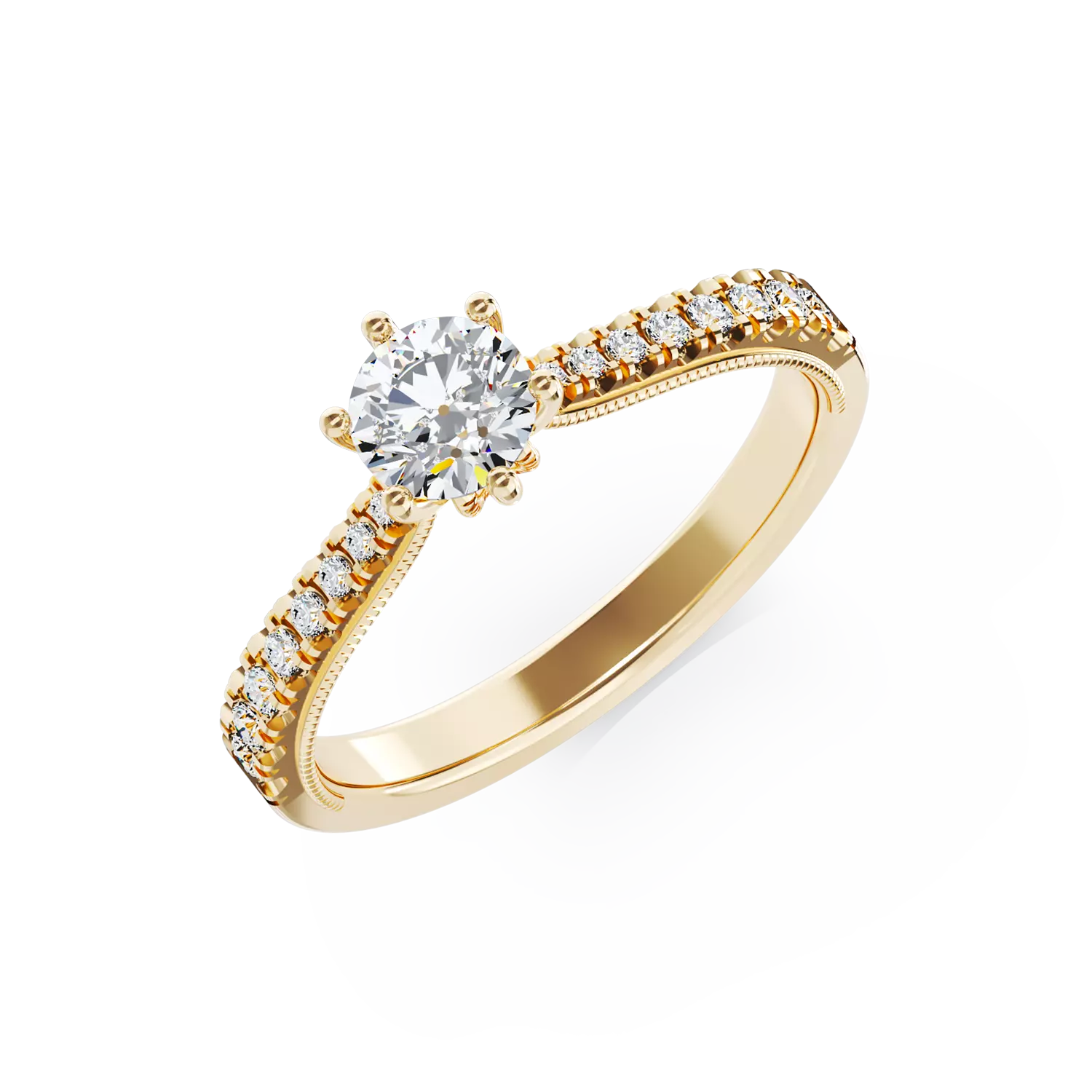 Eljegyzési gyűrű 18K-os sárga aranyból 0,24ct gyémánttal és 0,18ct gyémántokkal. Gramm: 2,4