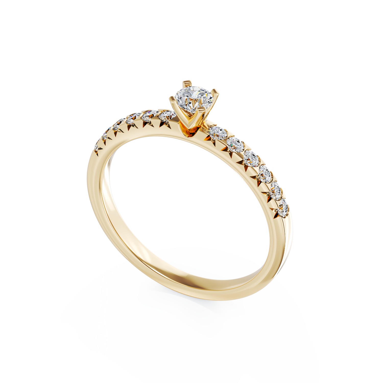 Eljegyzési gyűrű 18K-os sárga aranyból 0,15ct gyémánttal és 0,28ct gyémántokkal. Gramm: 2,53