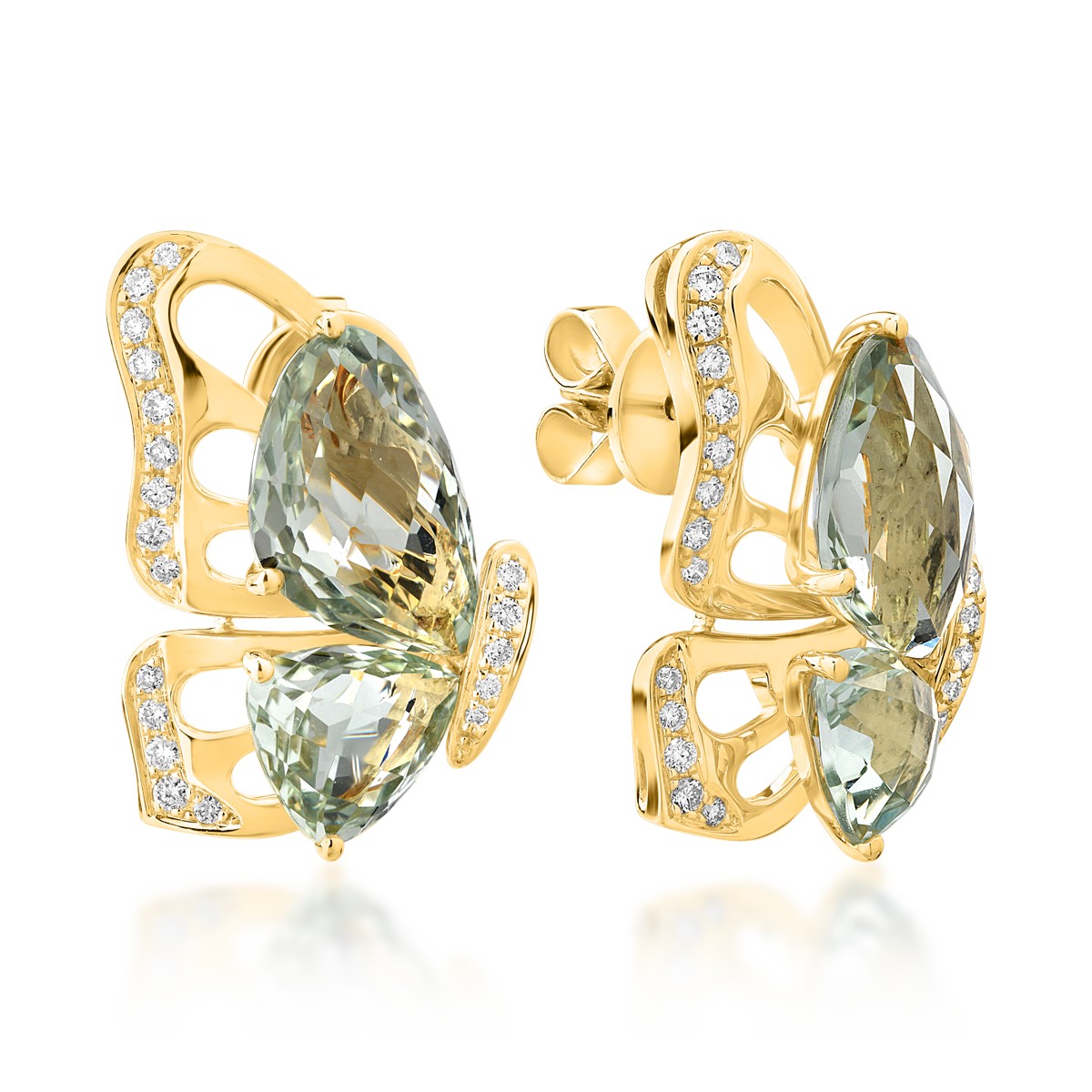 18K yellow gold butterfly earrings with green amethysts of 7.7ct and diamonds of 0.28ct