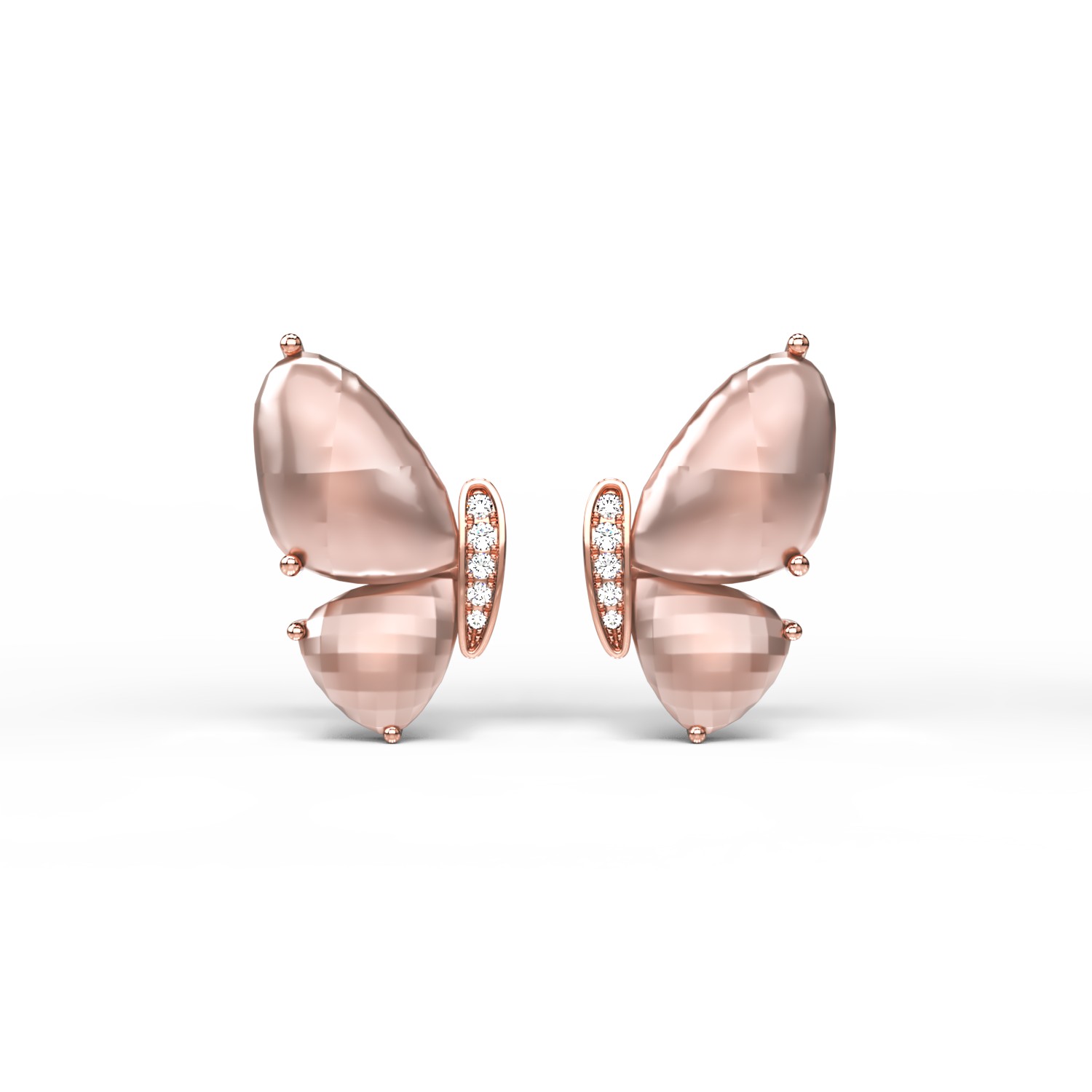 Kolczyki motyle z 18-karatowego różowego złota z kwarcem różowym o masie 8,2 ct i diamentami o masie 0,06 ct