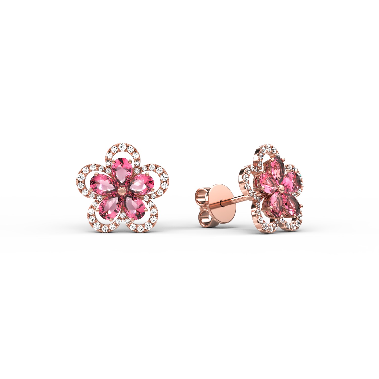 18k rózsaszín virág fülbevaló, rózsaszín turmalin 2,1ct és gyémánt 0.29ct