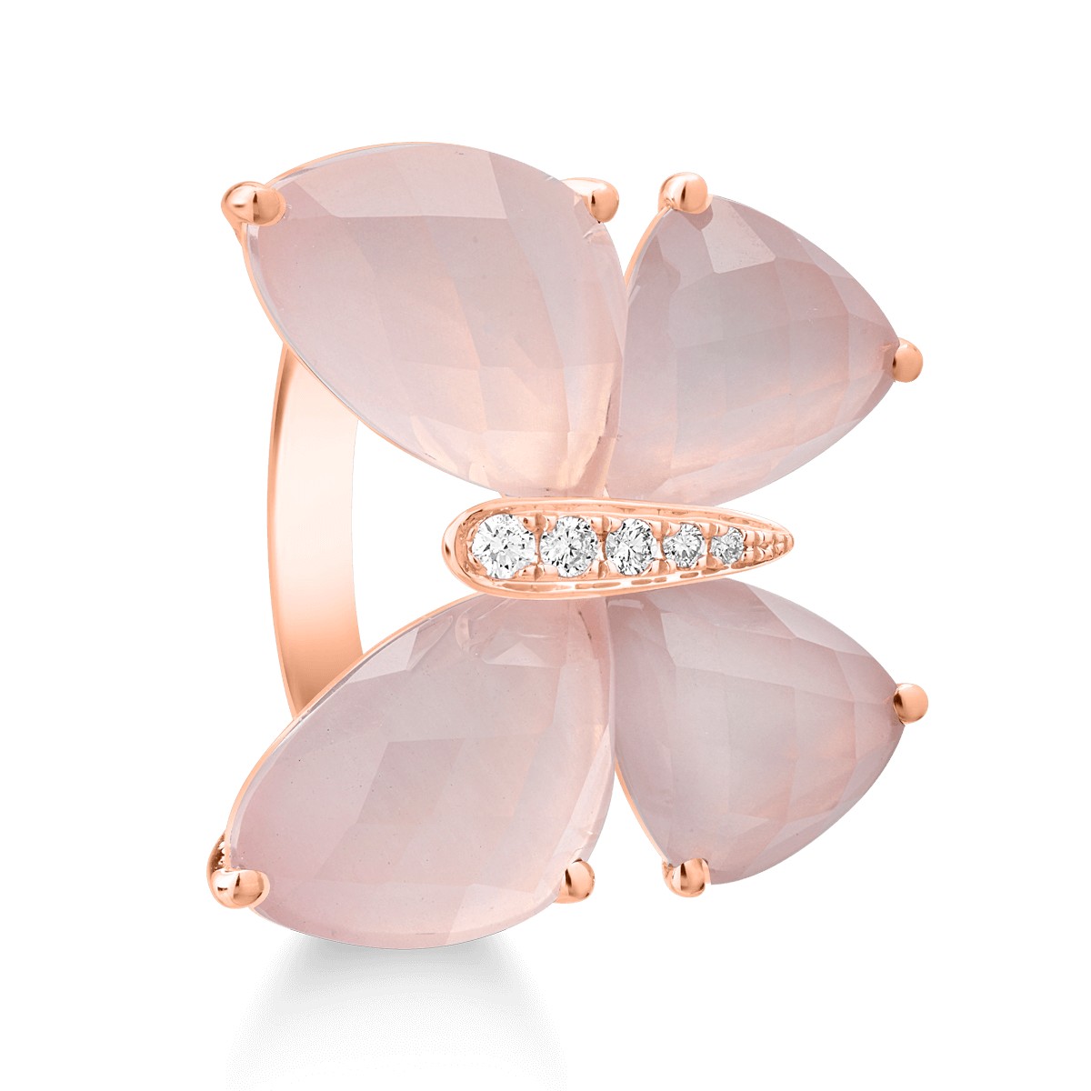 Inel cu fluture din aur roz de 18K cu quartz trandafiriu de 11.4ct si diamante de 0.37ct