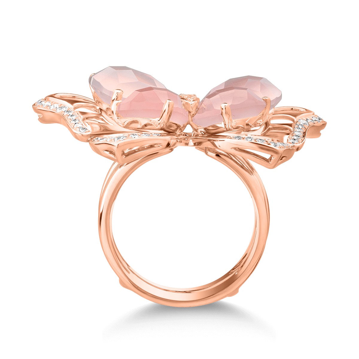 Inel cu fluture din aur roz de 18K cu quartz trandafiriu de 11.4ct si diamante de 0.37ct