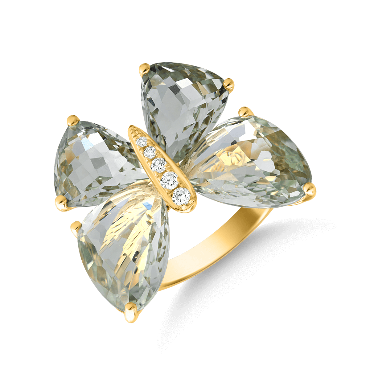 18K yellow gold butterfly ring with 11.7ct green amethysts and 0.07ct diamonds