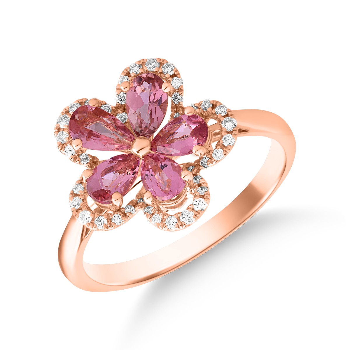Inel floare din aur roz de 18K cu turmaline roz de 1ct si diamante de 0.15ct