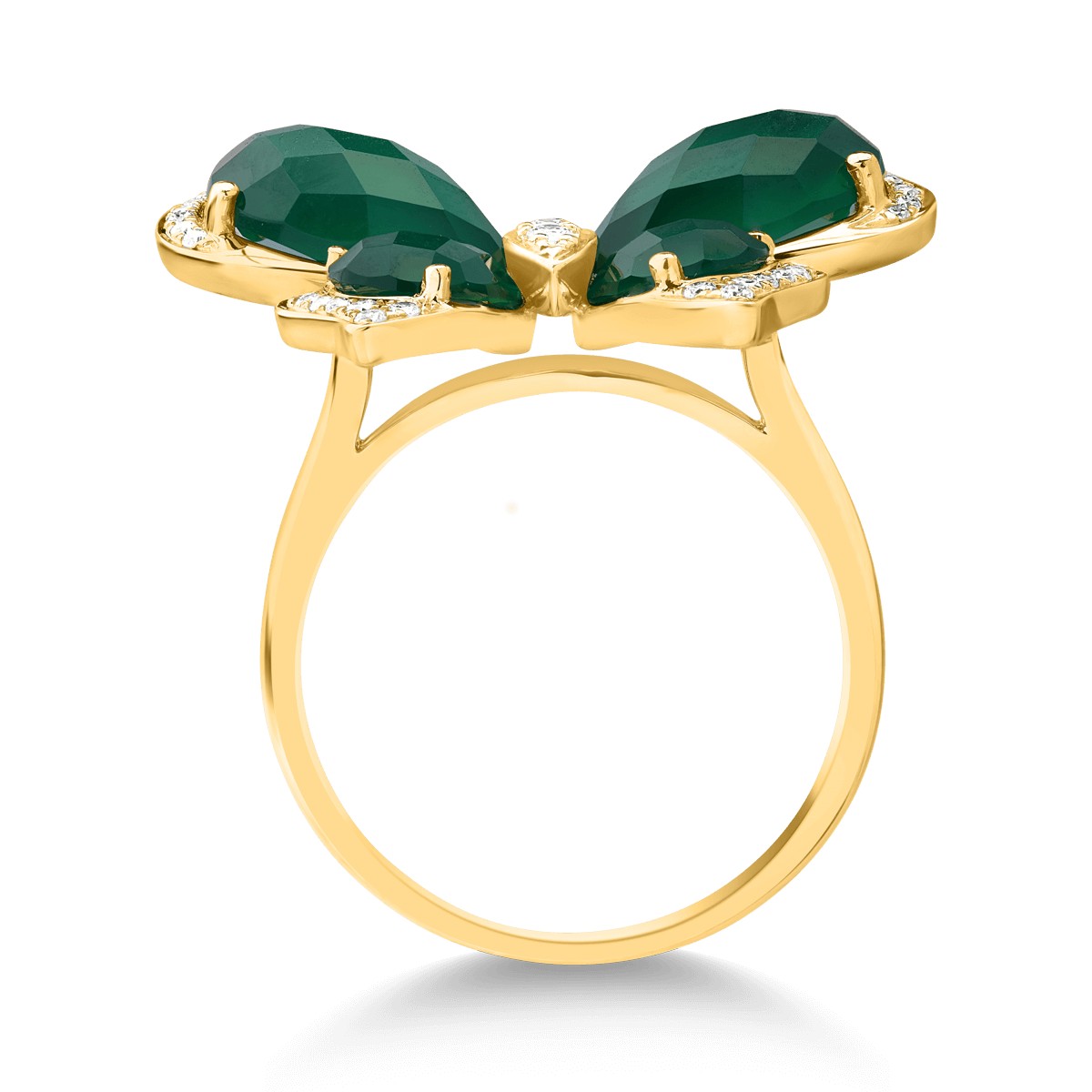 18k sárga pillangó gyűrű 5.4ct zöld agát és gyémánt 0.21ct