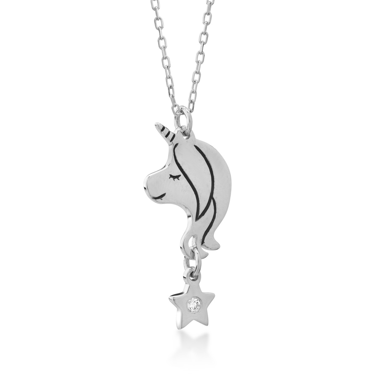 14K white gold unicorn children's pendant necklace with 0.006ct diamond