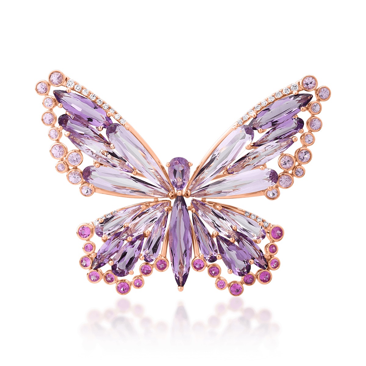 Pillangó alakú bross 18K-os rózsaszín aranyból 15,85ct drágakővel és féldrágakővel