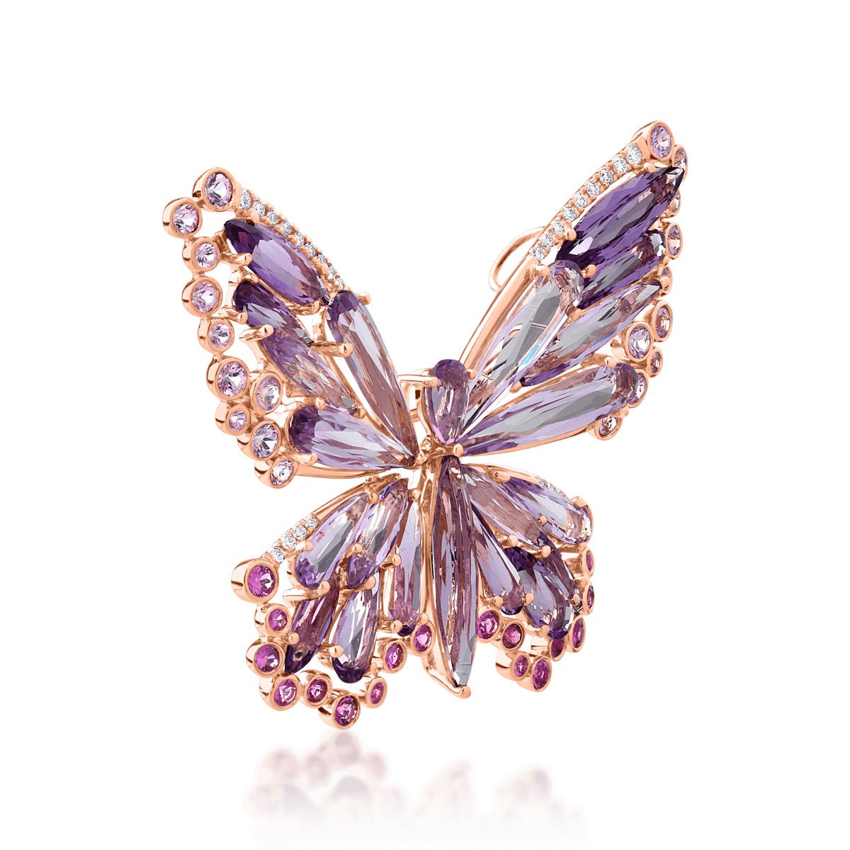 Pillangó alakú bross 18K-os rózsaszín aranyból 15,85ct drágakővel és féldrágakővel