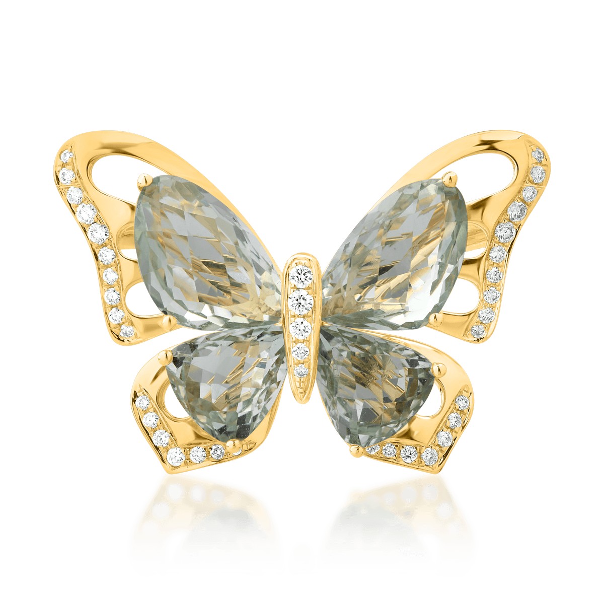 18K sárga arany pillangós bross 11.8ct levehető zöld ametisztekkel és 0.39ct gyémántokkal