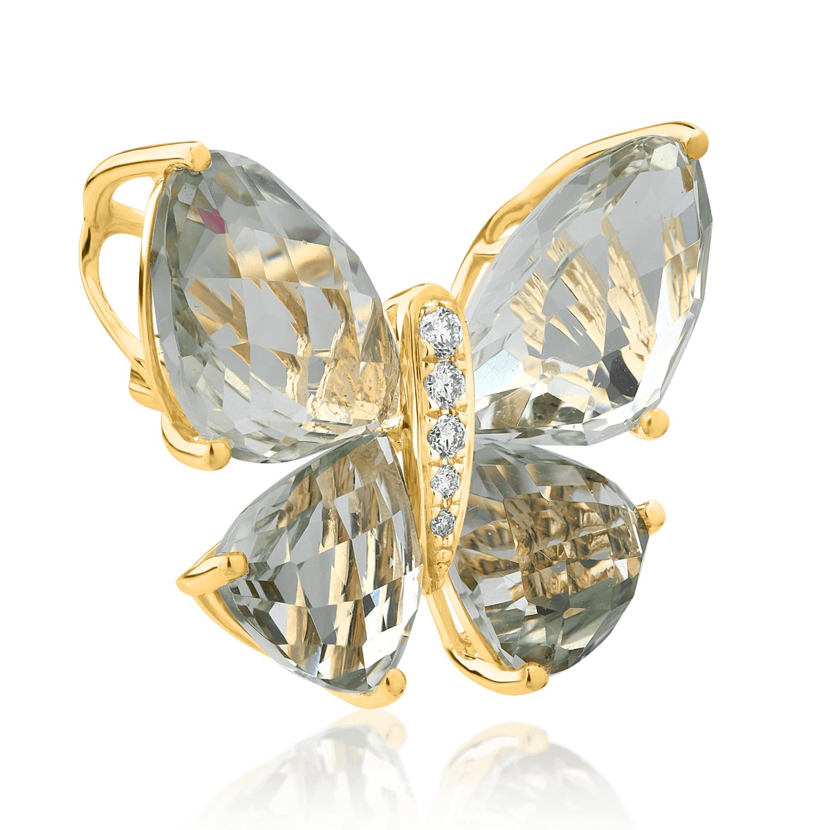 18K sárga arany pillangós bross 11.8ct levehető zöld ametisztekkel és 0.39ct gyémántokkal