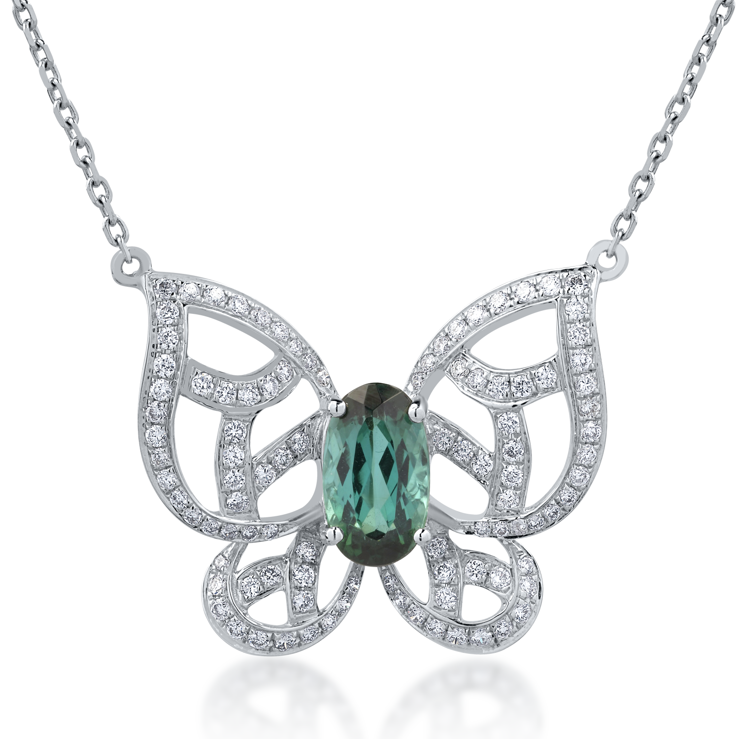 18K fehérarany pillangós nyaklánc 1.6 karátos zöld turmalinnal és 0.54 karátos gyémántokkal