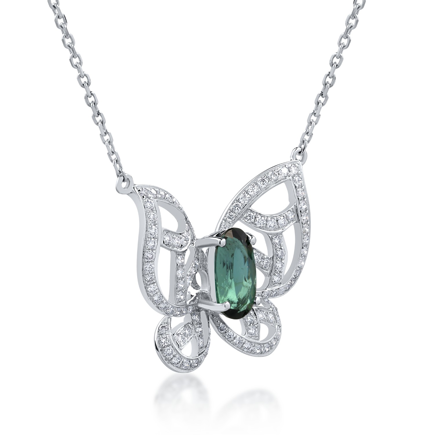 18K white gold butterfly necklace with 1.6ct green tourmaline and 0.54ct diamonds