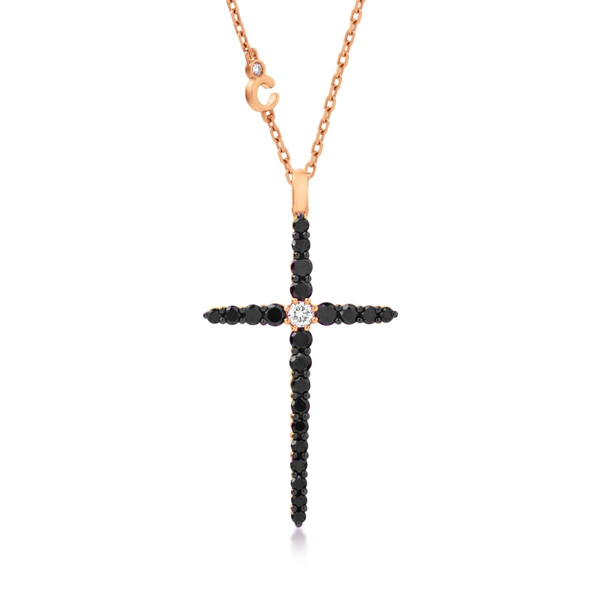 18K rose gold cross pendant necklace with 0.11ct clear diamonds and 0.94ct black diamonds