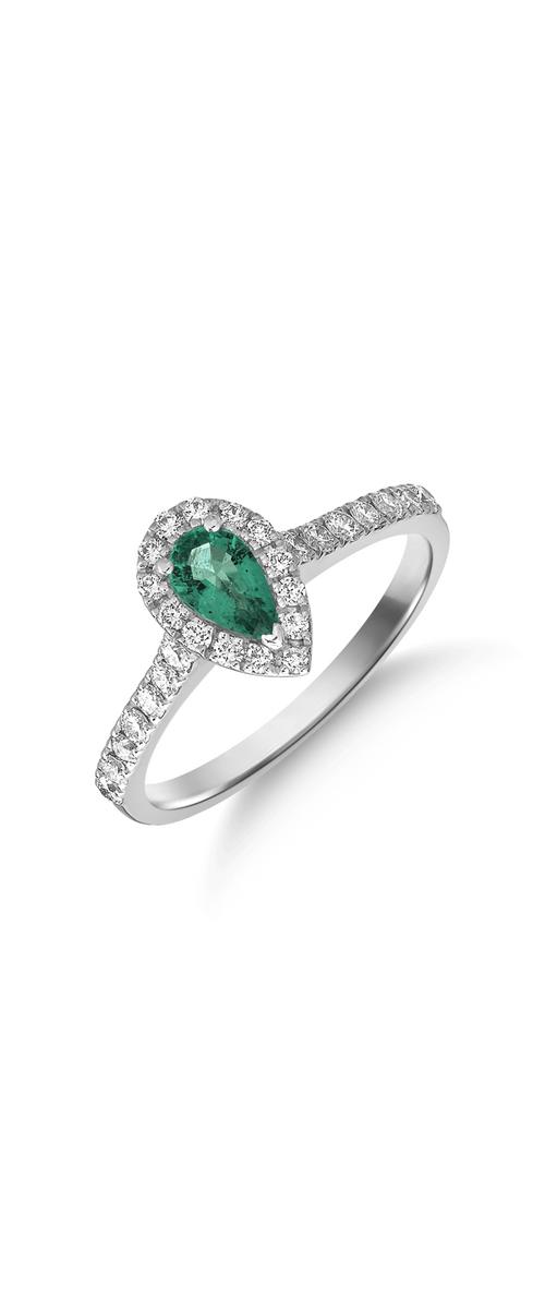 18 k fehér arany gyűrű, smaragd 0.33ct és gyémánt 0.38ct