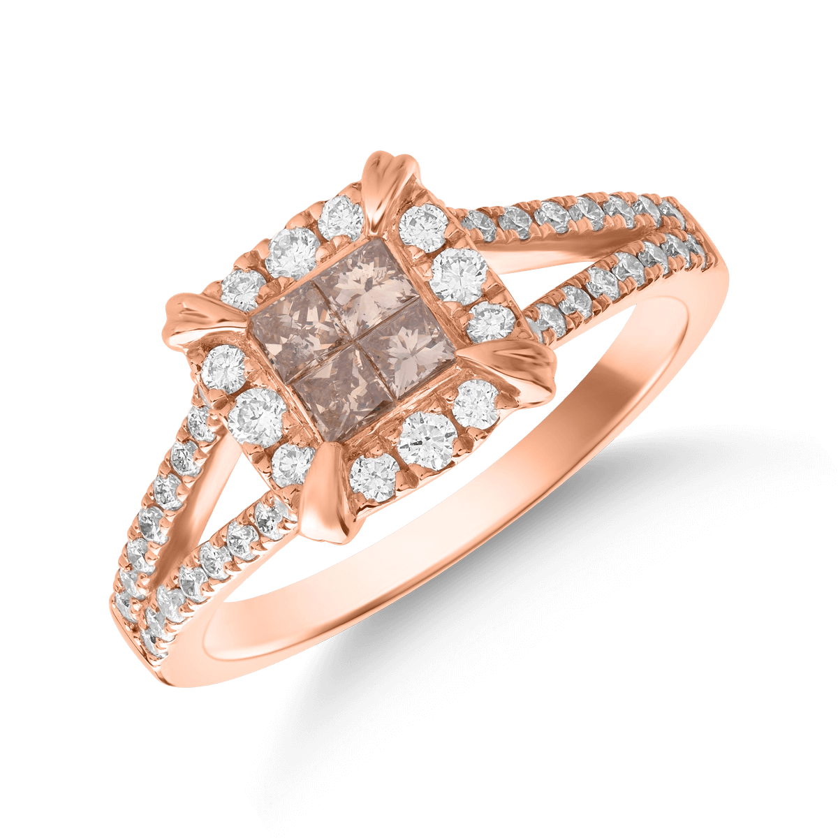 Inel din aur roz de 14K cu diamante coniac de 0.23ct si diamante transparente de 0.34ct