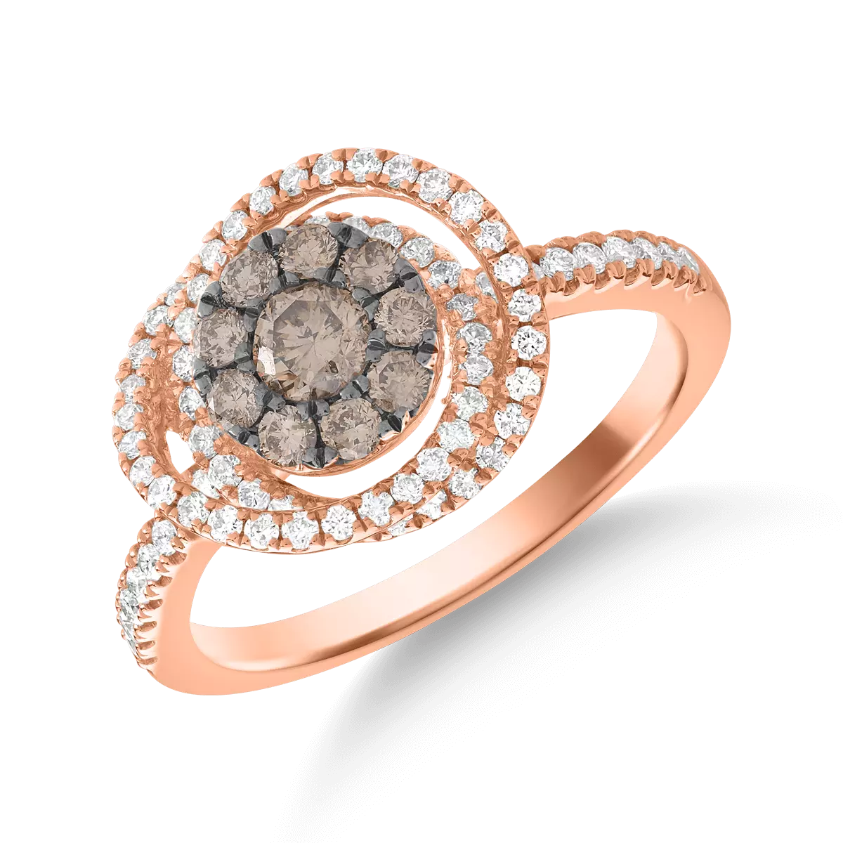 Gyűrű 14K-os rózsaszín aranyból 0.3ct barna gyémánttal és 0.28ct fehér gyémánttal