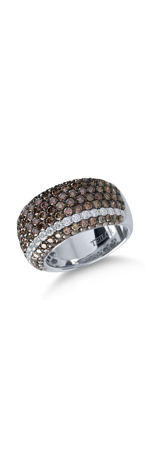 Fehérarany gyűrű 3ct barna és átlátszó gyémántokkal