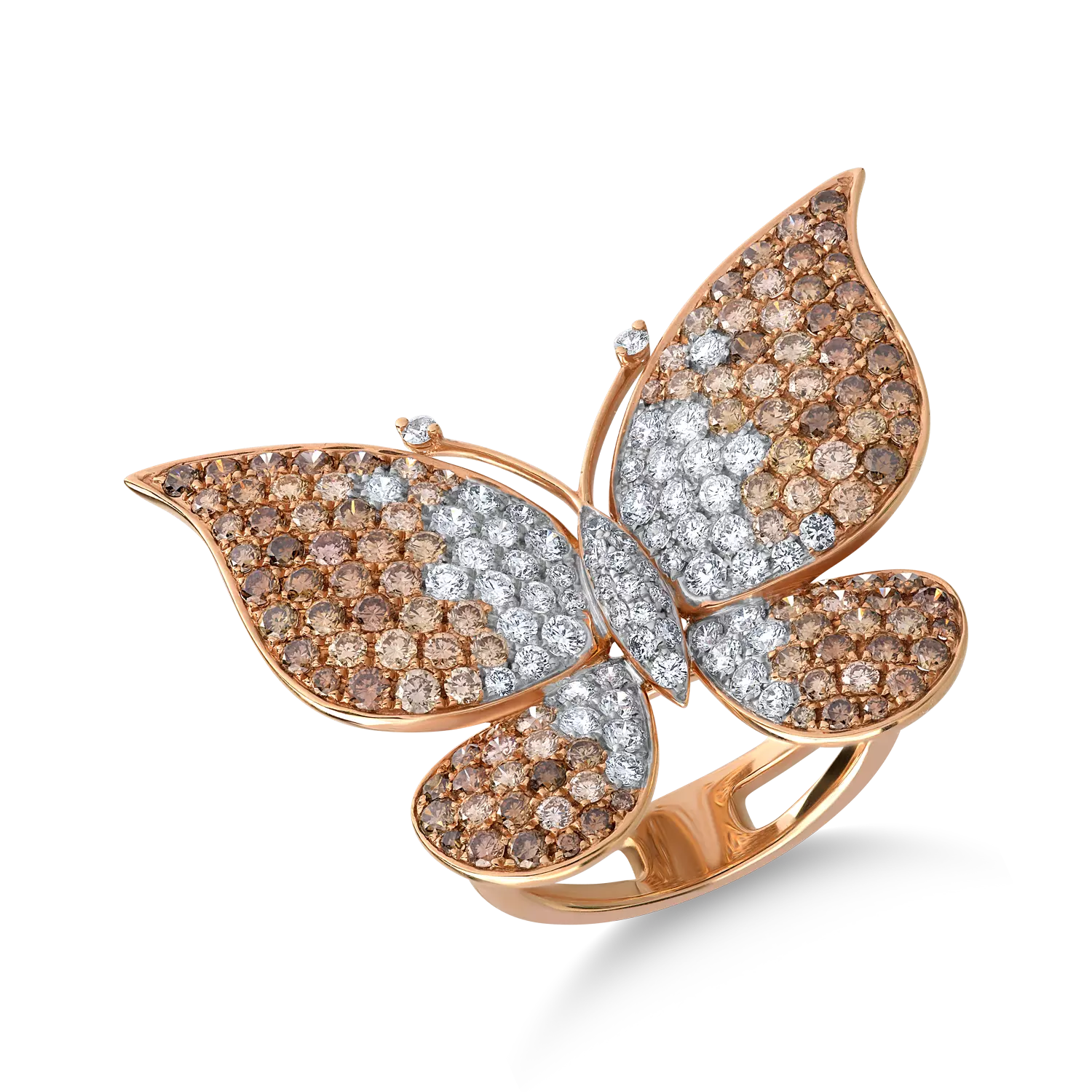 Пръстен пеперуда от 18K розово злато с 2.3ct кафяви диаманти и 0.98ct прозрачни диаманти
