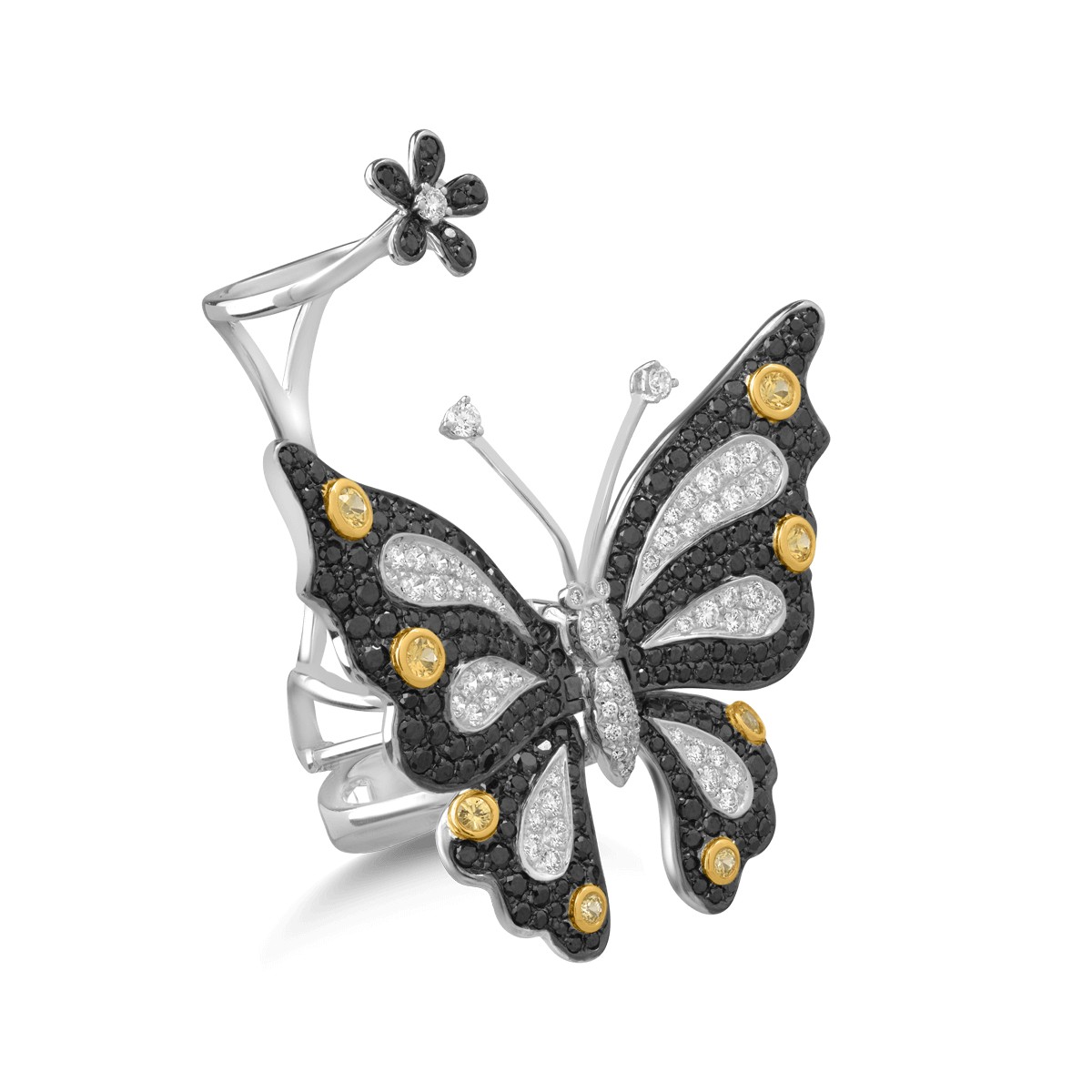 Пръстен с пеперуда и цвете от бяло злато 18К със скъпоценни камъни 3.53гкт.