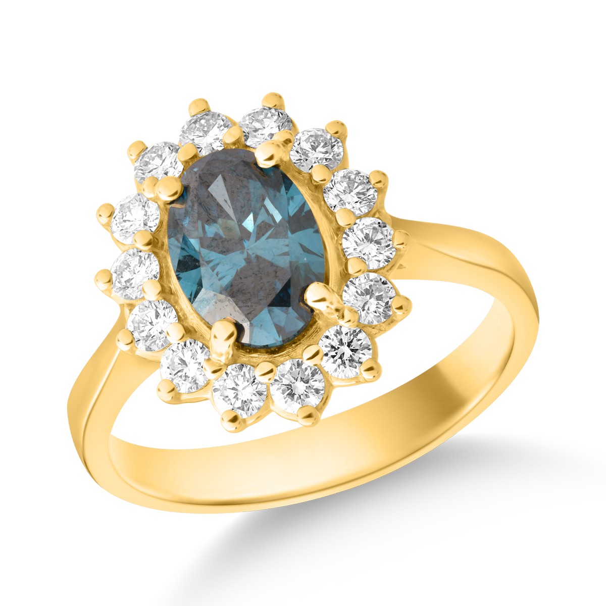 18k sárga arany gyűrű, kék gyémánt 1.01ct és tiszta gyémánt 0.4ct