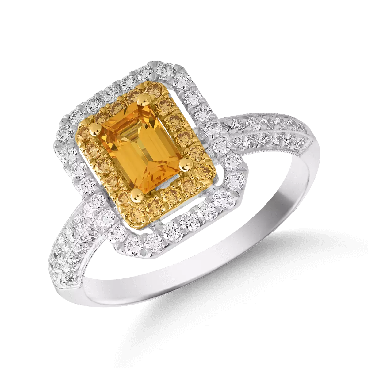 Fehér-sárga arany gyűrű 0.69ct sárga zafírral és 1.64ct gyémántokkal