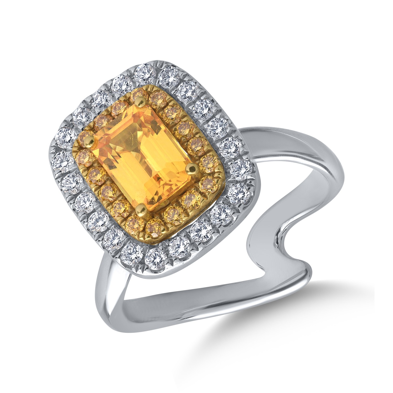 18K fehérarany gyűrű 1.4ct sárga zafírral és 0.54ct gyémántokkal